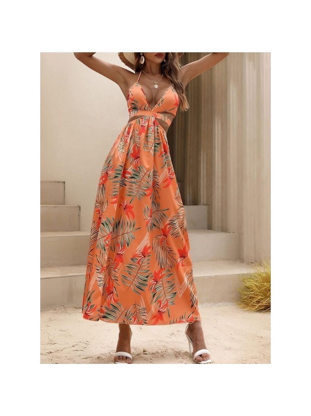 Tropical Print Backless Knot Halter Neck Split Thigh Dress Maxi Vacations, SMALL